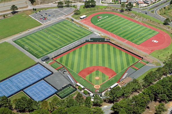 aerial view of two soccer fields, one track, and a baseball diamond