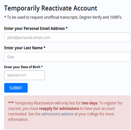 screenshot of page where you can reset an inactive student account