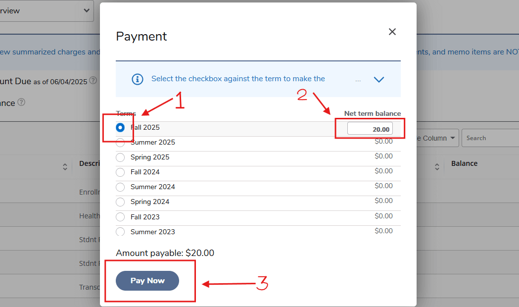 screenshot of fees payment pop-up