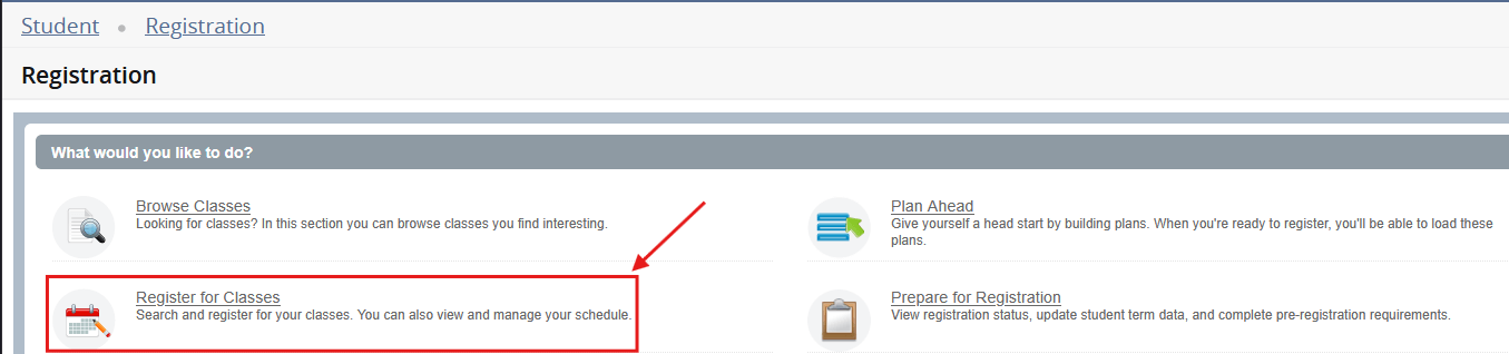 screenshot of registration portal's option to register for classes
