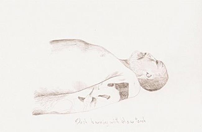 pencil drawing of a tattooed man laying on his back