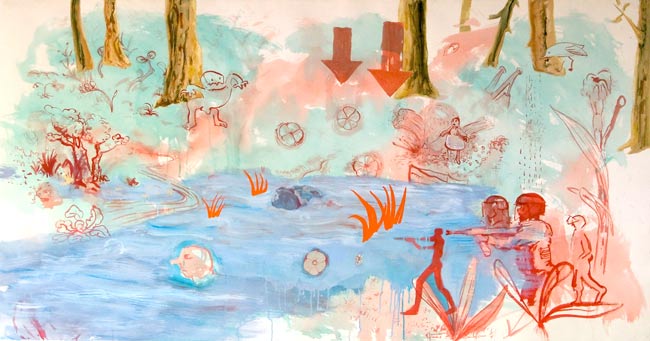 painting of red figures with guns on a blue and green pastel forest pond