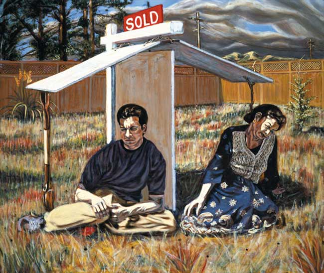 painting of two people sitting moodily in dry grass under a sold sign