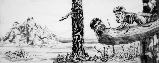 ink drawing of two politicians with bodies of insects looking out on a twisty landscape
