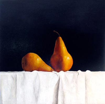 Oil painting of two yellow pears on a white clothed table against a black backdrop