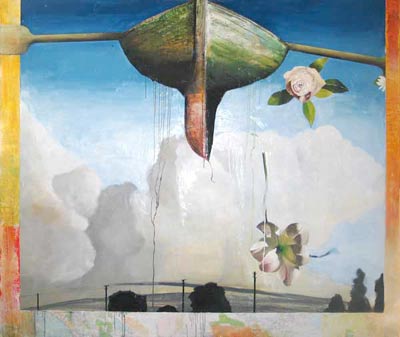 oil painting of a boat with oars sailing through a white cloud