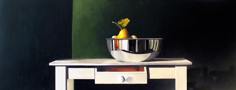Oil painting of a yellow pear in a silver bowl, set on a white desk with an open drawer on a dark green backdrop