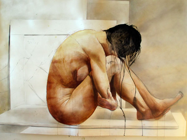 Drawing of a naked person with their arms clasped around their knees