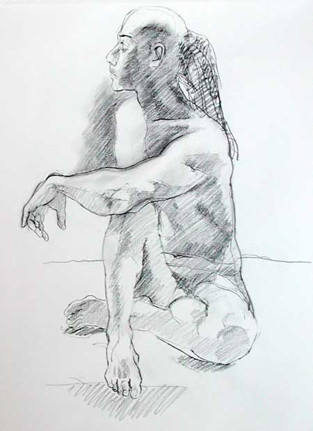 pencil drawing of a seated figure