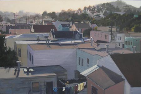 realistic oil painting overlooking the rooftops of a neighborhood of pastel houses