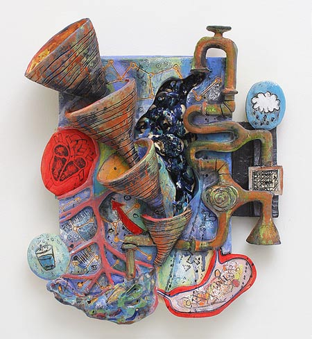 ceramic wall hanging featuring a winding sink pouring into a stack of funnels