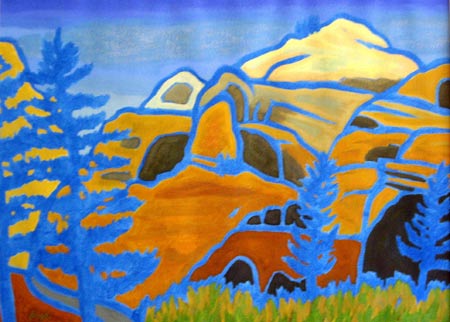 oil painting of a landscape in warm oranges outlined in deep blue