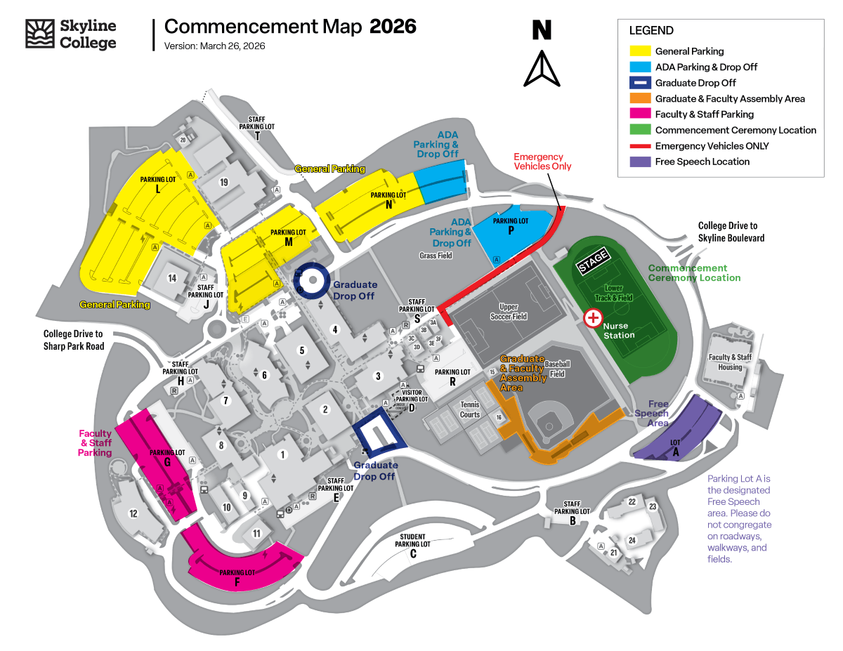 Campus Map for Commencement. General parking in Lot L, M, and N. ADA Parking and dropoff in Lot P. Graduate Drop off at roundabouts. Commencement on lower track and field.