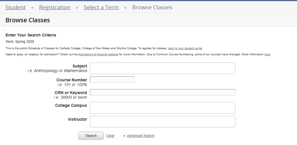 screencap of WebSchedule searchbar, featuring options to select the term, campus, and insert keywords