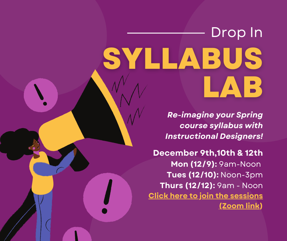 drop in syllabus lab with woman talking through megaphone