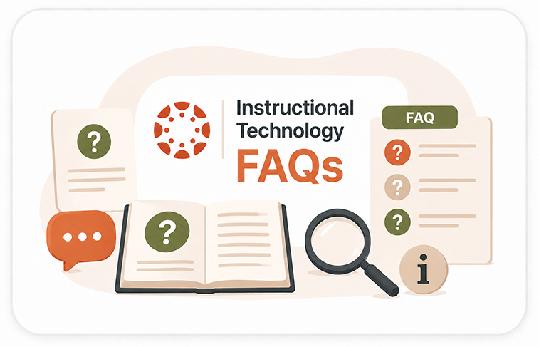 Illustration representing Instructional Technology FAQs with an open book, magnifying glass, and question icons.