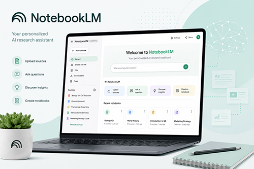 Google NotebookLM Interface Screenshot of the NotebookLM interface showing its AI research assistant dashboard with tools for uploading sources, asking questions, and generating insights.