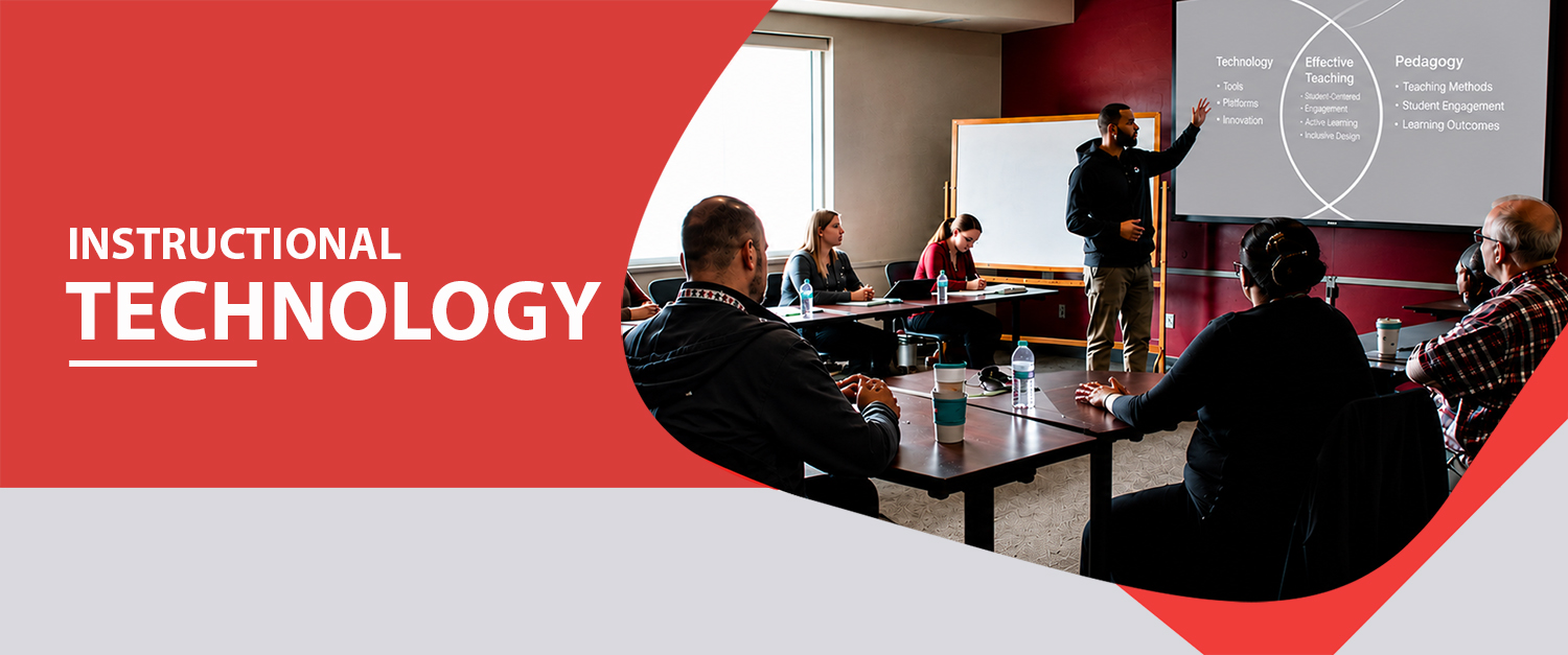 Instructional Technology banner with an image of Skyline College faculty members sitting around a table watching a presenter at a board
