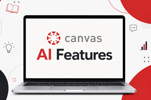 Laptop displaying “Canvas AI Features,” surrounded by red, black, and white educational technology graphics.