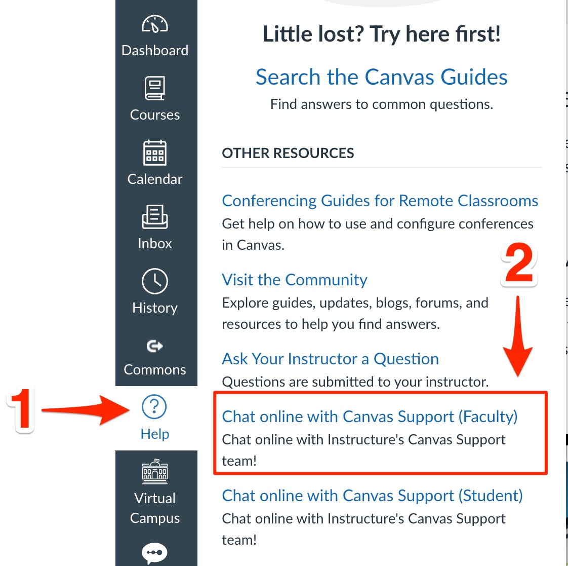 Canvas help Screenshot showing how to access Canvas Faculty Support: click Help in the left navigation, then select "Chat online with Canvas Support (Faculty).