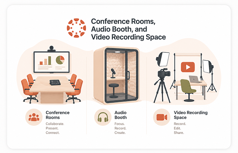 Illustration of CTTL reservable spaces, including conference rooms, an audio recording booth, and a video recording space for faculty meetings and media creation.