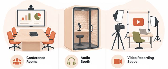 CTTL Conference Rooms and Recording Spaces Illustration of CTTL's reservable spaces, including conference rooms, an audio recording booth, and a video recording space for creating instructional media.