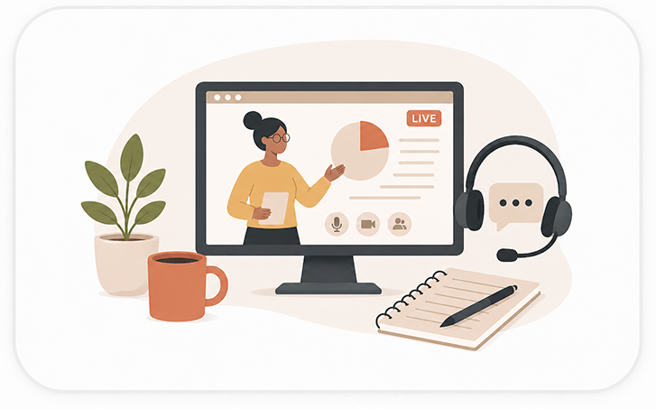 Illustration of an online instructional technology workshop with a presenter, computer monitor, headset, and presentation materials.
