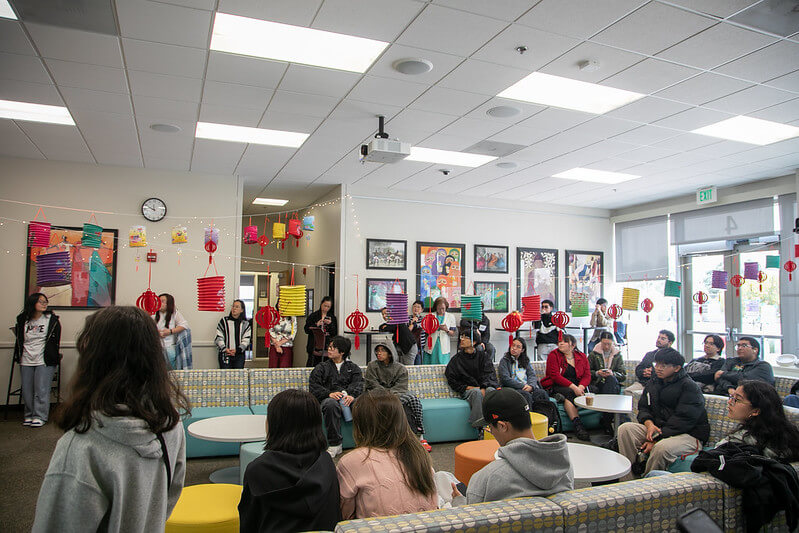 students attending a Mid-Autumn Festival event in the decorated Intercultural Center