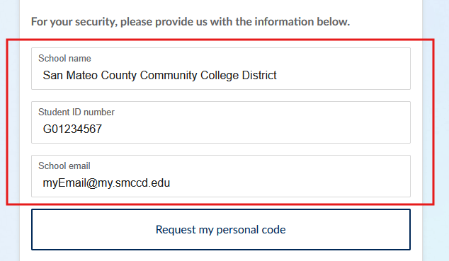 screenshot of example information to request code