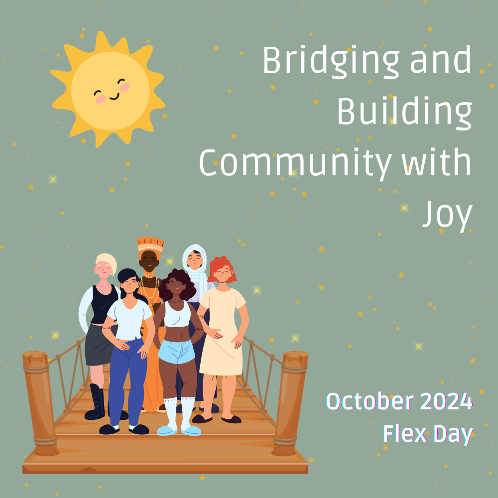 Bridging and Building Community with Joy, an illustrated group of people stand on a bridge under a smiling sun