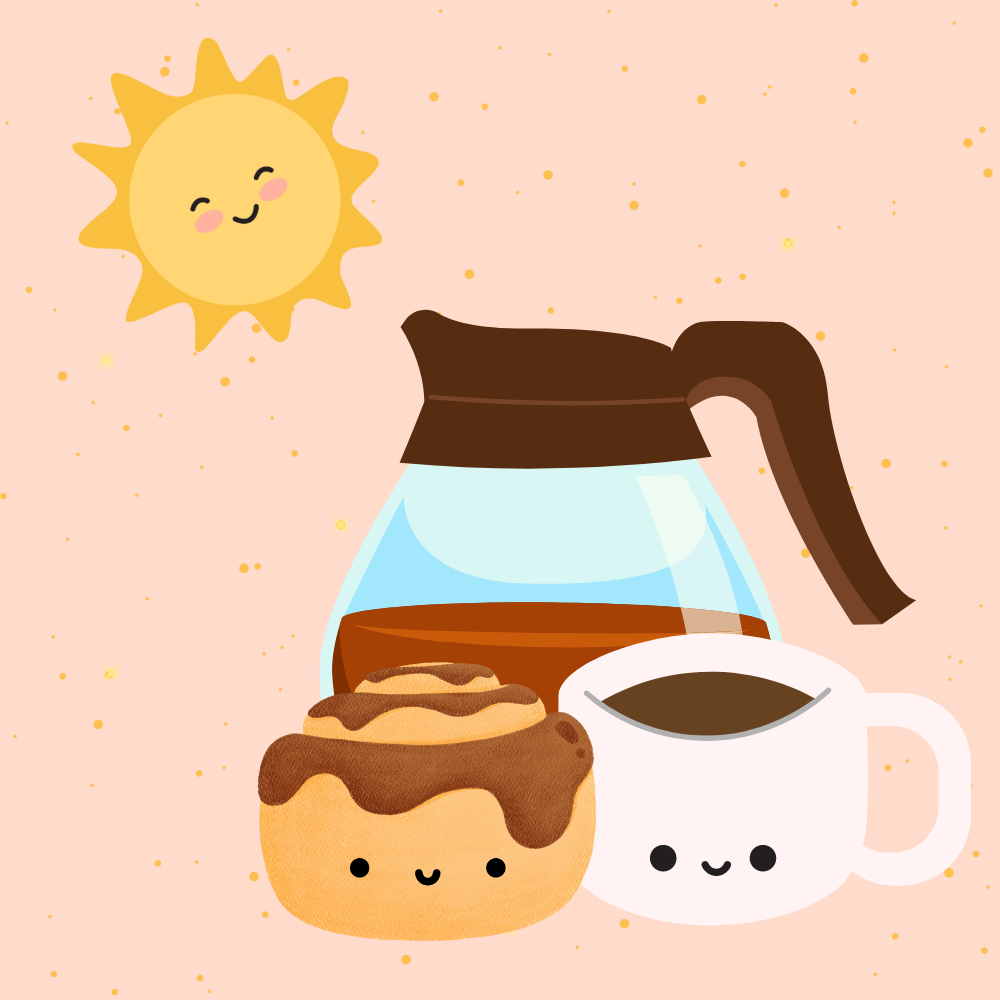 pastry and coffee cute illustration with a sun