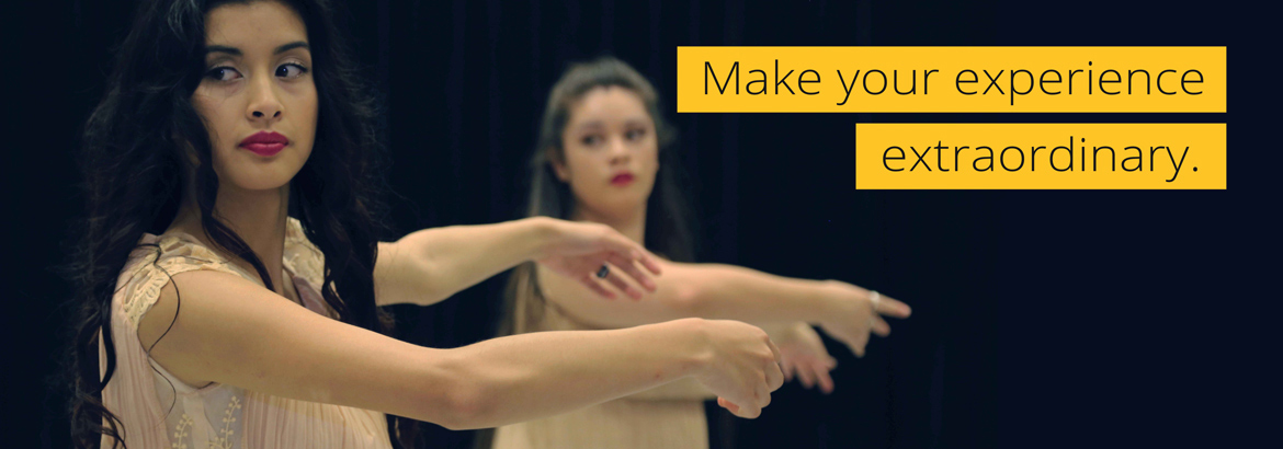Two students dancing ballet with text 'make your experience extraordinary