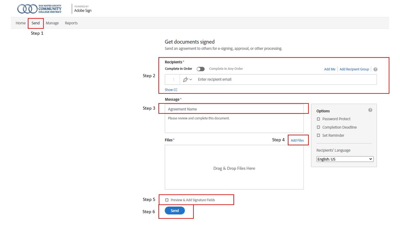 Screenshot of how to access send forms for e-signatures.