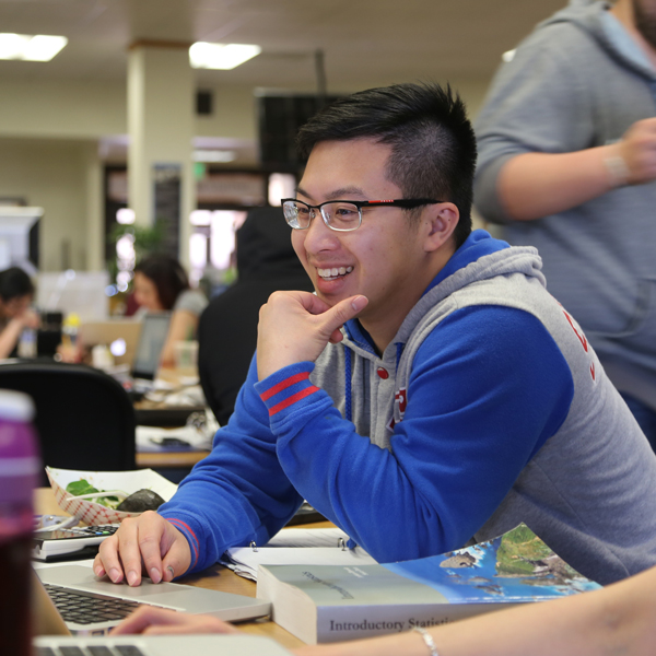 student involved in tutoring sits in the Learning Center and uses a computer