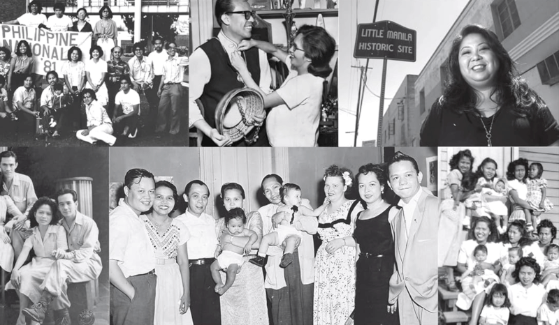 collage of black and white images of Filipino American families and friends