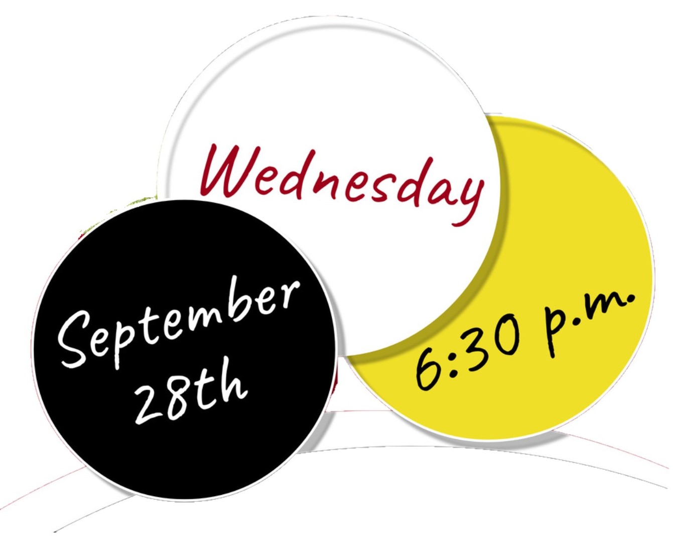 three circles with the time and date of the event: Wednesday, September 28 at 6:30 p.m.