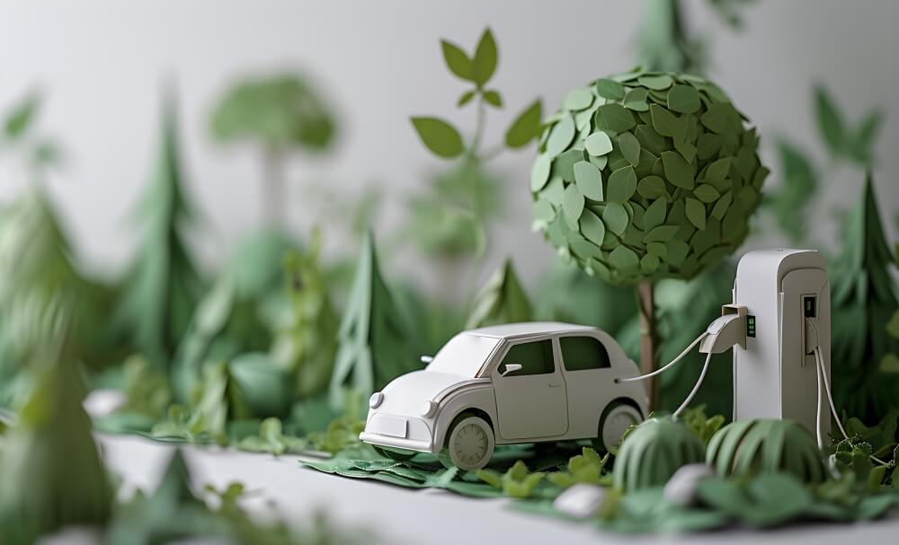 paper art of a car charging in a forest