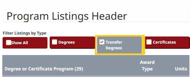 screenshot of filtering system on catalog page, with highlight around the filter option for transfer degrees