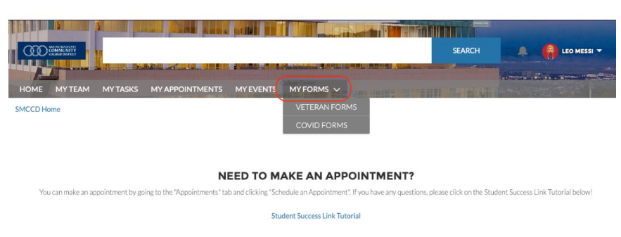 screenshot of Student Success Link with the sixth item on the main menu, titled 'My Forms', circled in red and displaying the 'Veterans Forms' dropdown menu item.